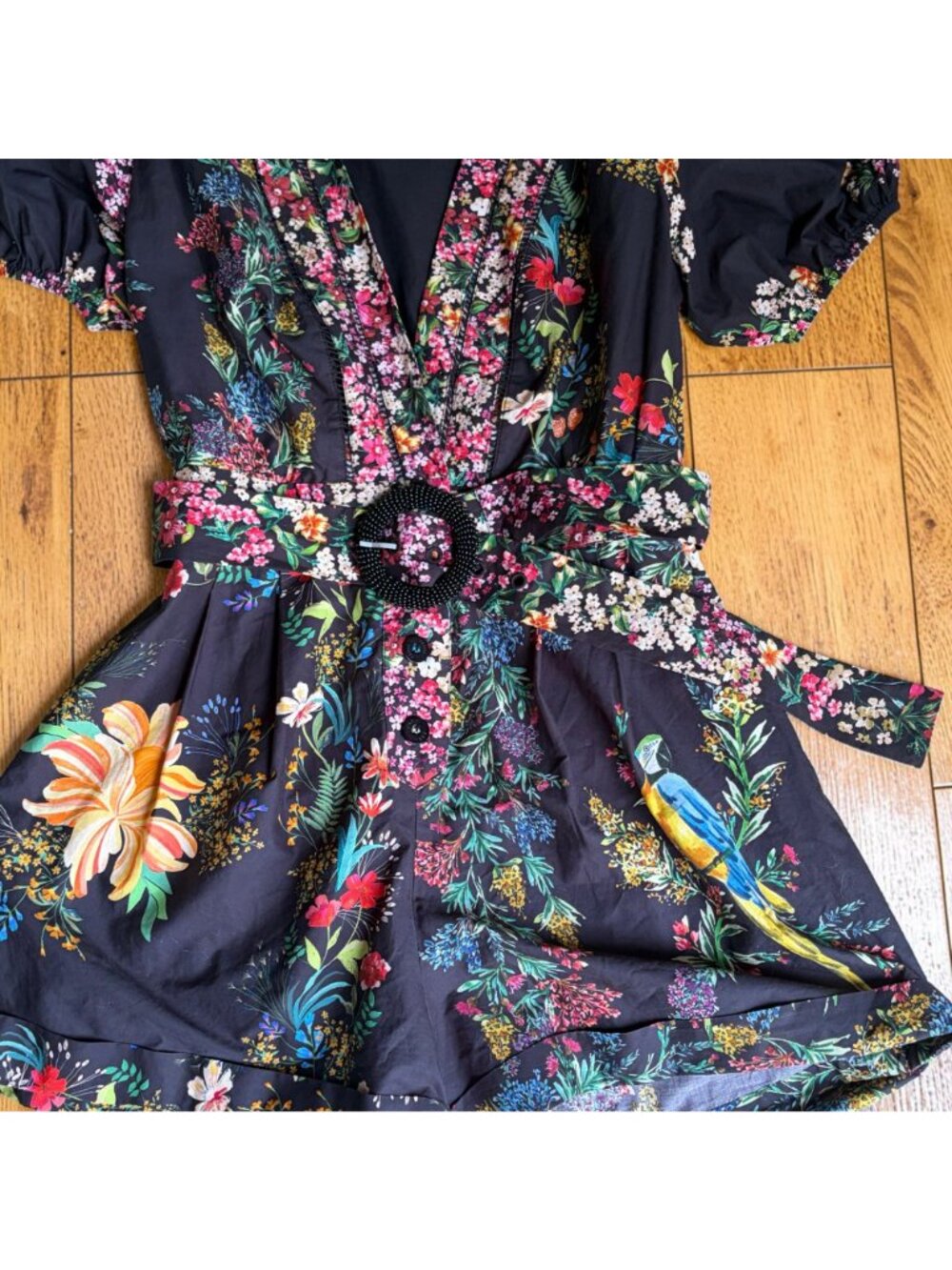 Farm Rio Delicate Forest Belted Embellished Floral Scarves Cotton Romper Medium - Picture 7 of 7